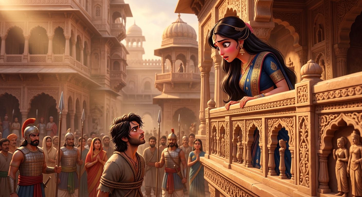 Close-up of Chandravati looking down from her high balcony, her eyes locking with the condemned thief's blazing, fearless gaze, her heart struck by an overwhelming wave of love.
