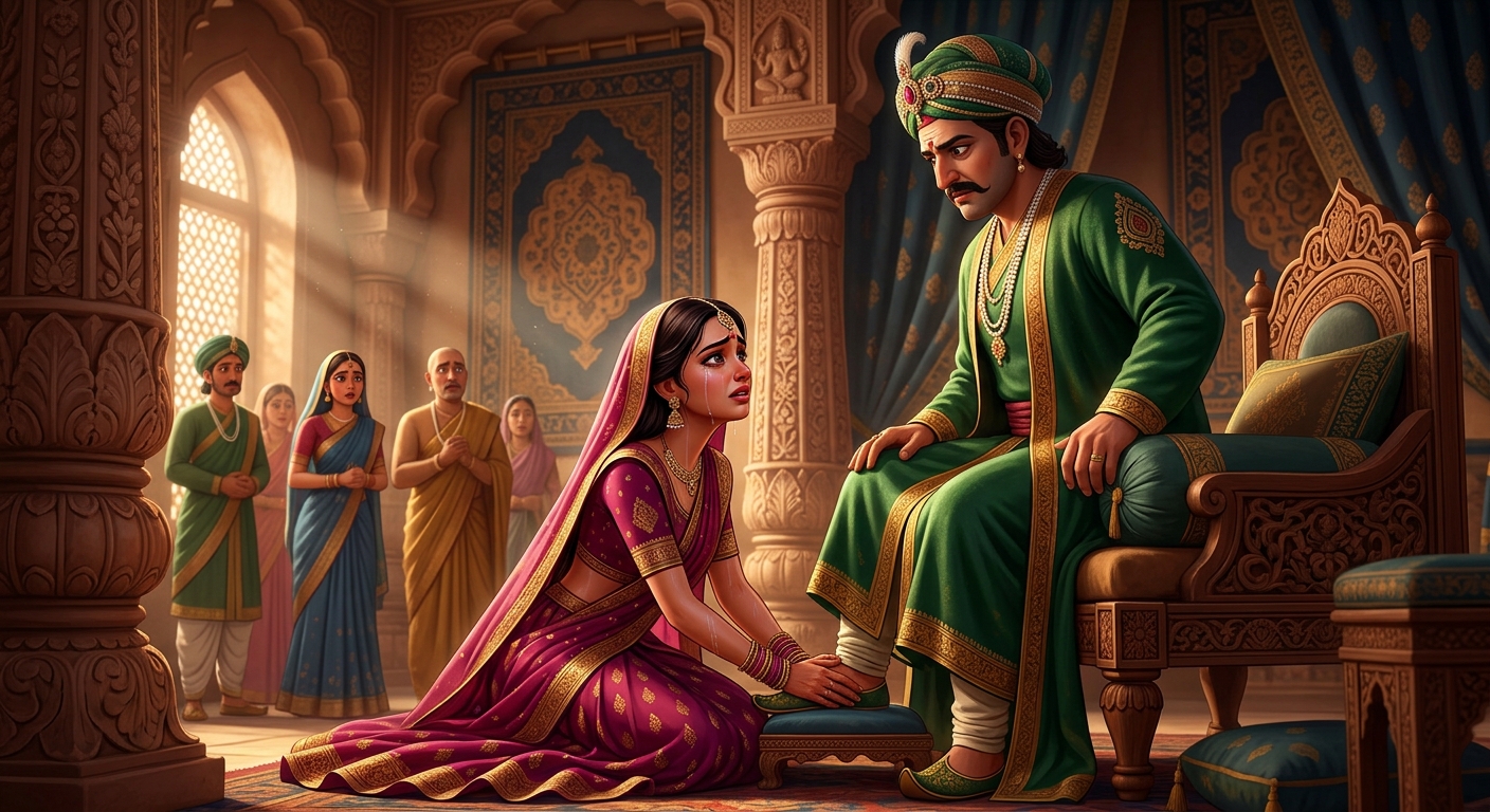 Chandravati weeping at her wealthy father's feet in a grand ornate room, declaring her unyielding vow to marry the condemned thief or end her life.