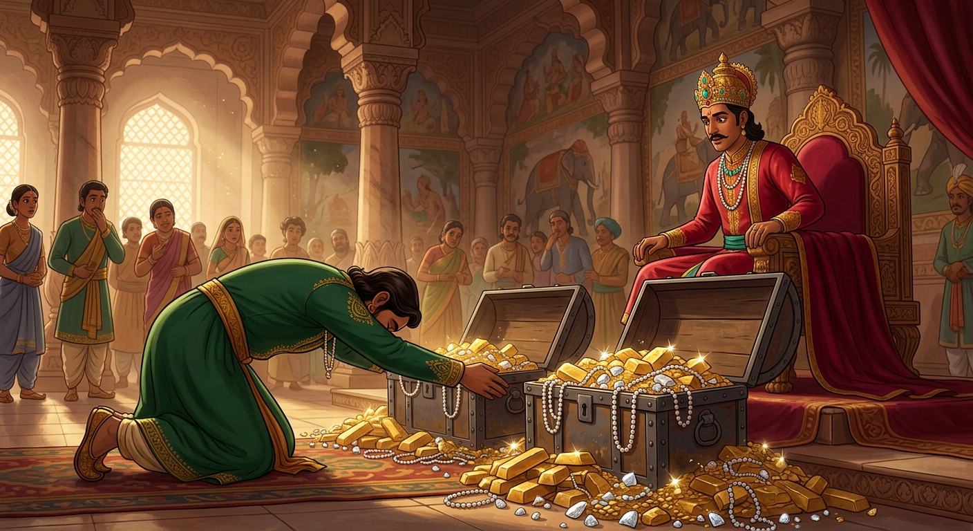 Merchant Ratnadatta bowing before the King's throne, offering massive iron chests overflowing with sparkling gold bars, pearls, and radiant diamonds to ransom the thief.