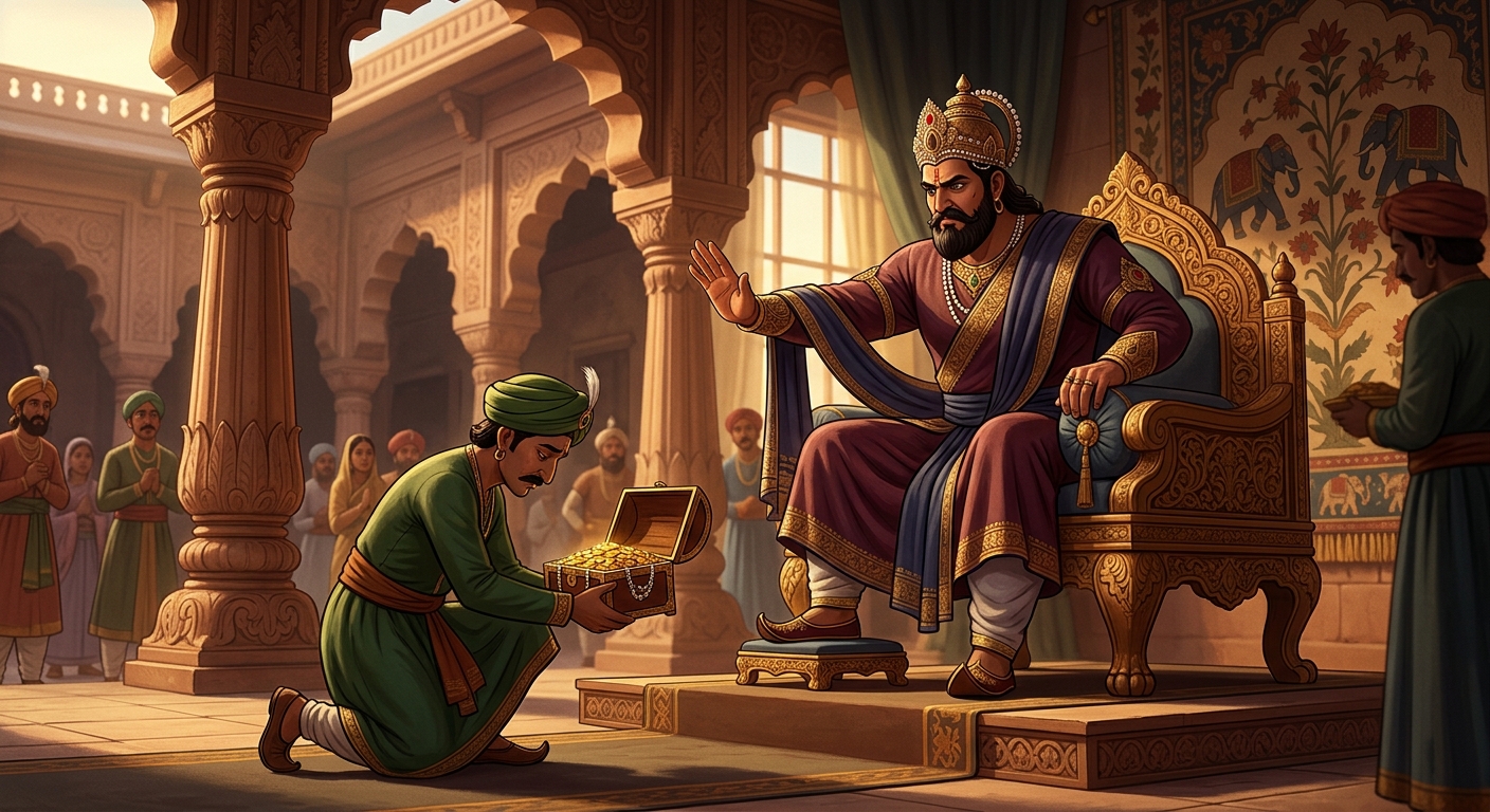 The King raising his hand in firm royal rejection from his throne, refusing the bribe of gold in upholding state law and justice.