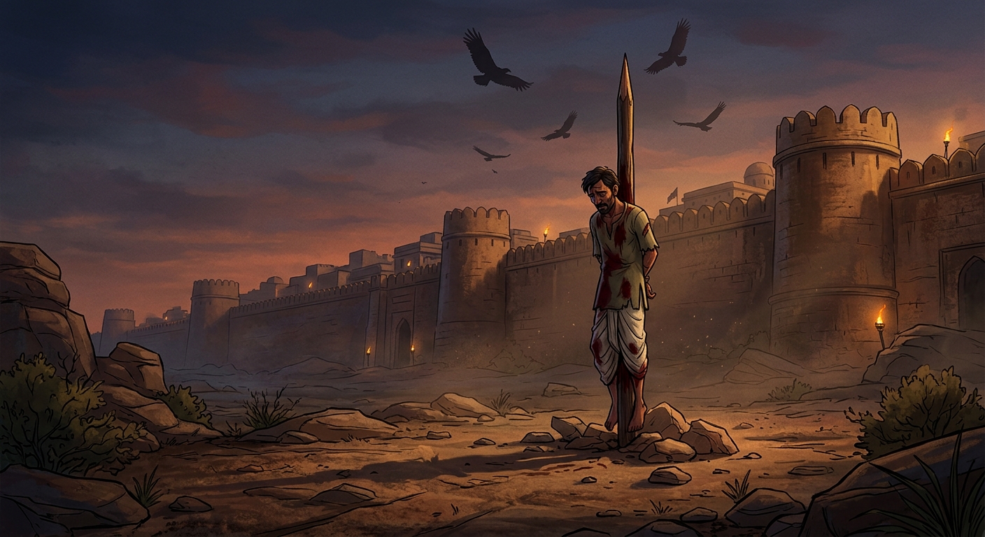 Grim wide shot of the barren execution ground outside city walls at dusk: The thief is impaled on the tall sharpened wooden stake (shooli), bleeding in silent endurance as vultures circle above.