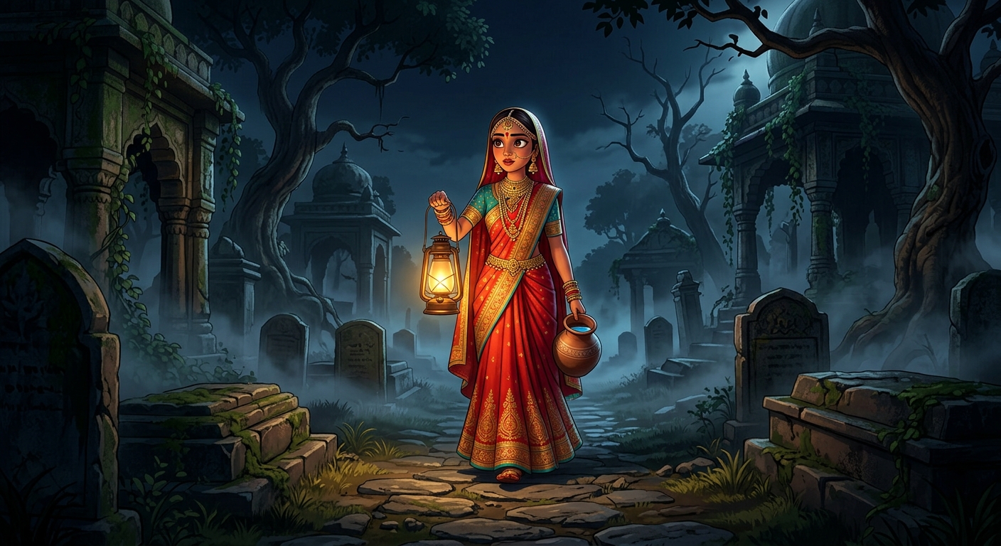 Atmospheric midnight scene: Chandravati walking alone through the dark, eerie cemetery in radiant bridal red silks and gold jewelry, carrying a lantern and a pitcher of cool water.
