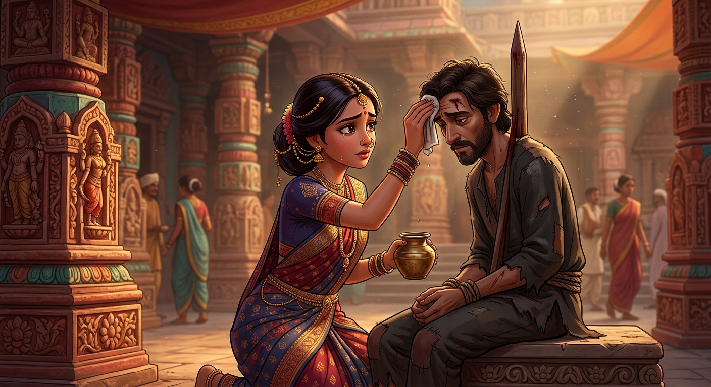 Medium close-up: Chandravati gently wiping the bleeding forehead of the impaled thief, offering him water with tearful reverence and deep marital devotion.