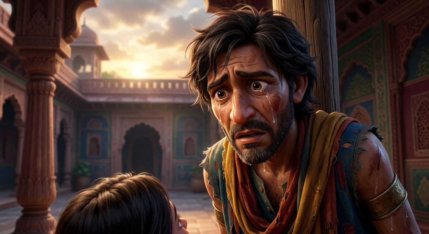 Close-up of the dying thief's face on the stake: Staring down in disbelief at the beautiful maiden, hot tears streaming down his rugged cheeks in profound sorrow.