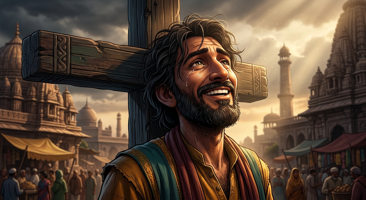 Dramatic close-up: The dying thief suddenly smiling and breaking into a profound, philosophical laughter, before his eyes close and he breathes his last breath on the stake.