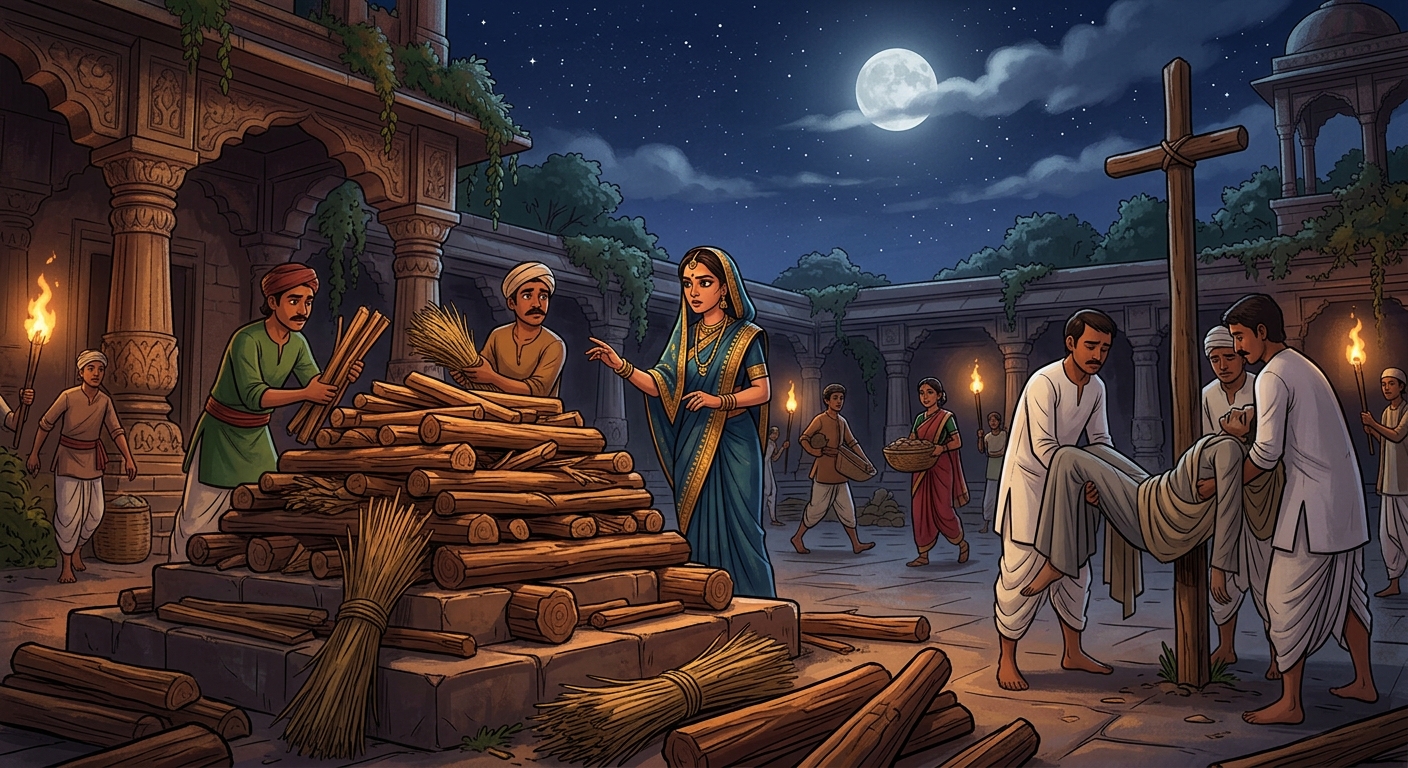 Chandravati supervising attendants preparing a grand sandalwood funeral pyre in the night, the thief's lifeless body brought down from the stake.