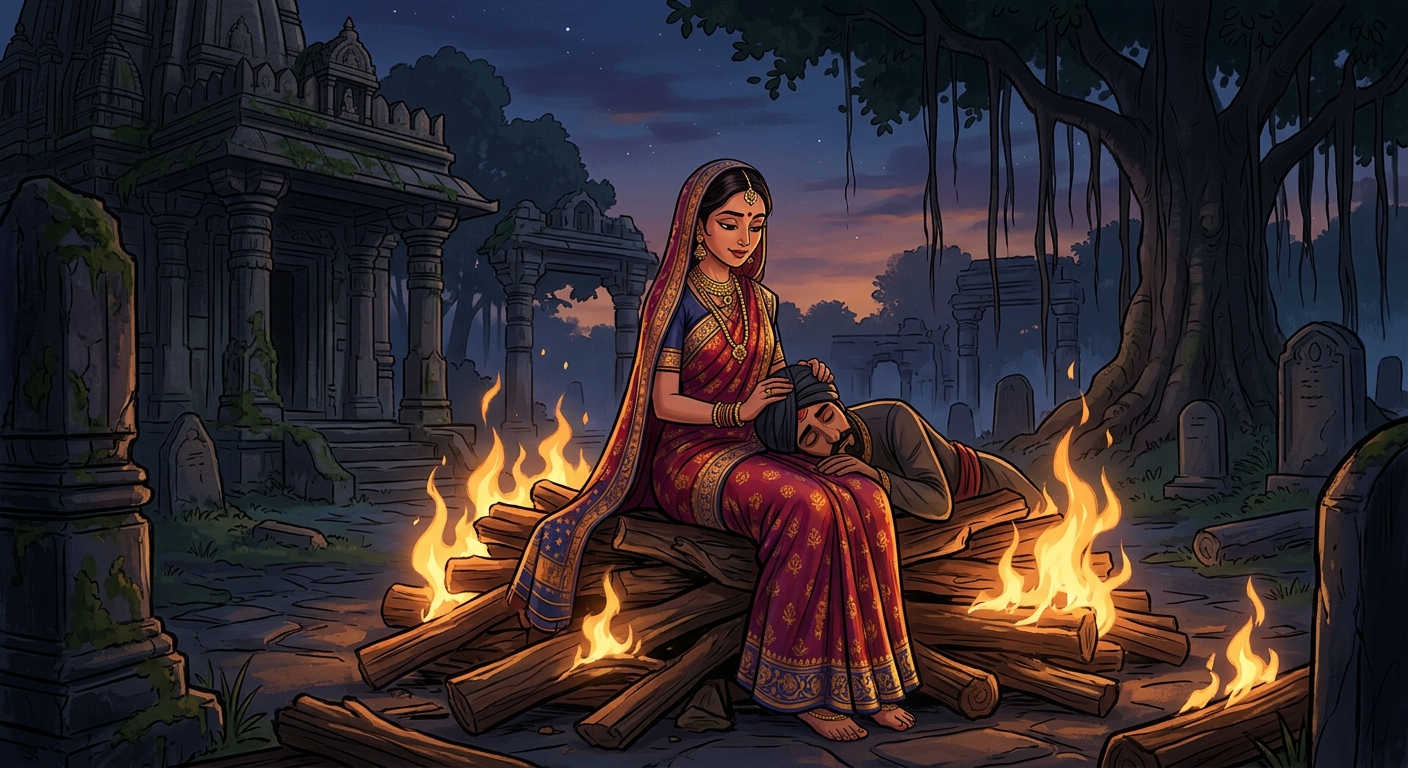 Chandravati sitting serenely upon the sandalwood pyre with the thief's head in her lap as golden flames begin to rise around them in the dark cemetery.