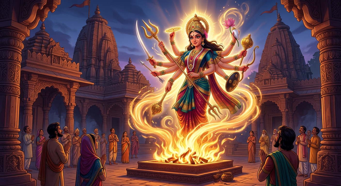 The fire transforming into divine golden light: Goddess Durga manifests with multiple arms holding trident and lotus, radiating celestial splendor and compassion.