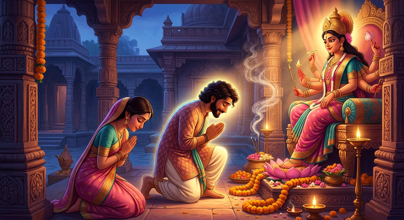 The thief awakening completely healed, strong, and noble, glowing with spiritual grace, bowing with Chandravati at Goddess Durga's lotus feet.