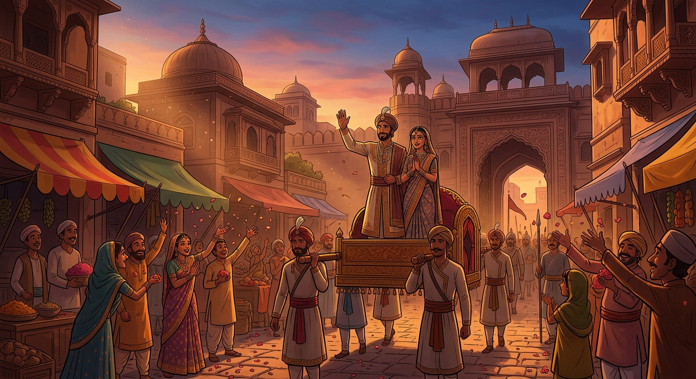 Warm daylight: The transformed, noble couple returning peacefully to the city, hailed by the merchant and citizens for the triumph of devotion.
