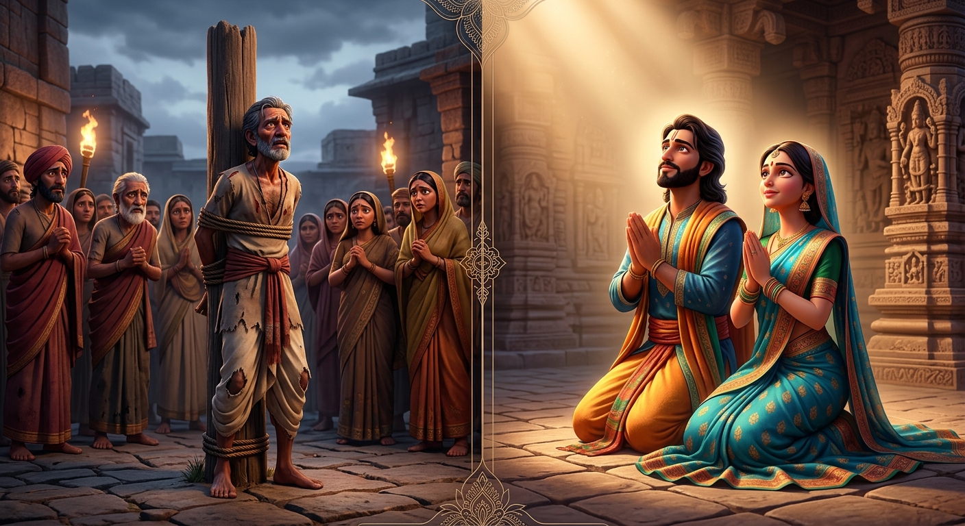 Philosophical split visualization: On left, the agony of the wooden stake; on right, the sublime beauty of selfless love and divine grace.