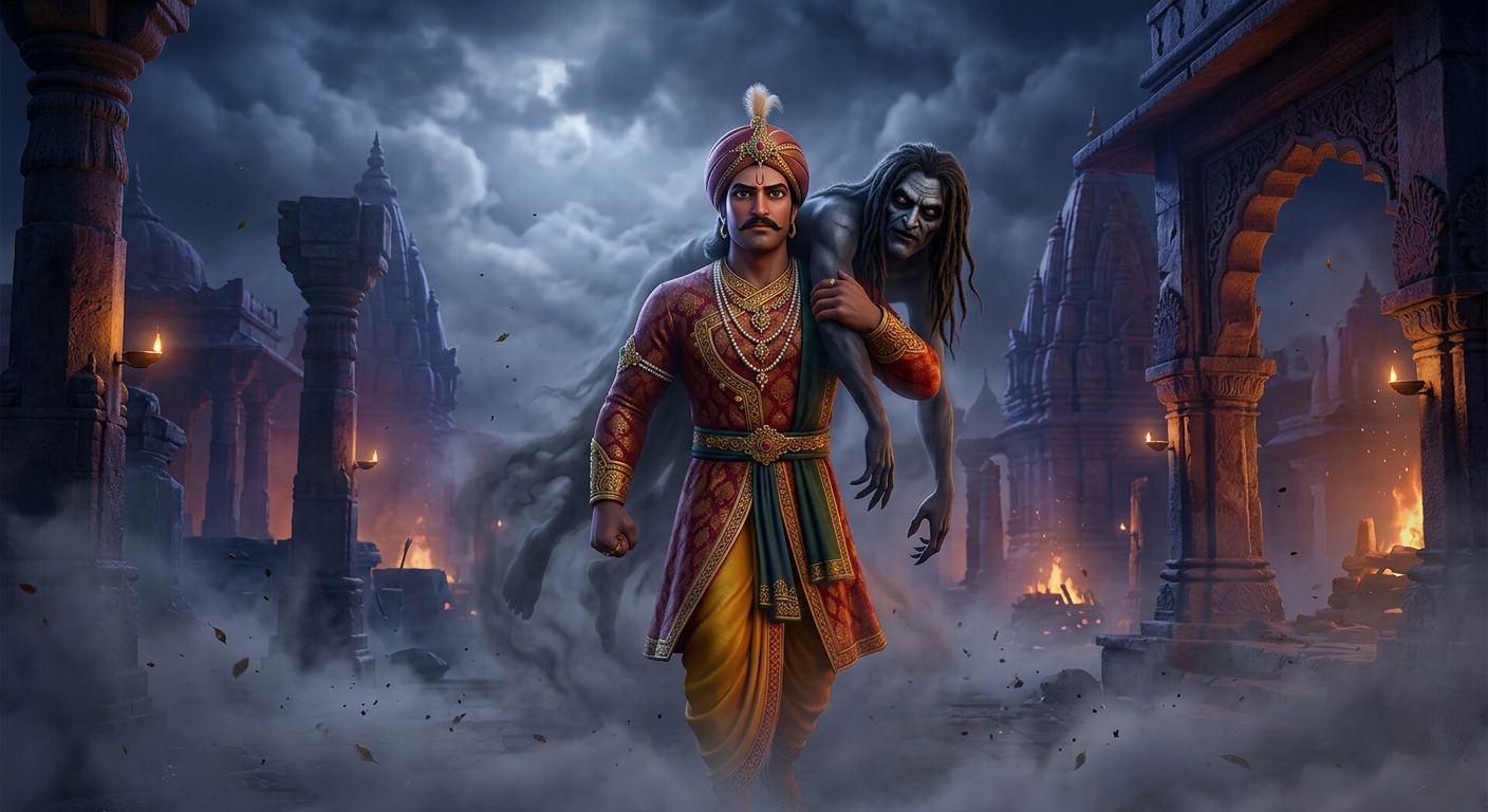 Atmospheric shot in the Mahashmashan of Ujjain: Emperor Vikramaditya striding through the fog, Betal's shadowy visage hanging on his shoulder in the howling wind.