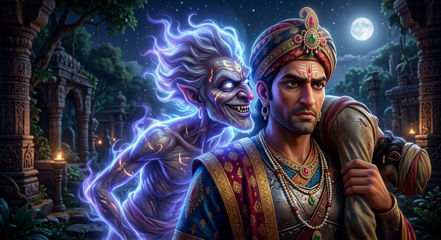 Close-up of Betal's glowing spectral face, grinning with intellectual challenge as he leans into Vikramaditya's ear.