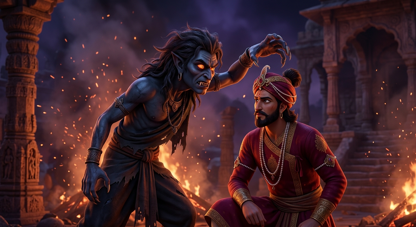Medium shot of Betal issuing his lethal ultimatum with claw raised toward Vikramaditya's head amidst swirling cremation sparks.