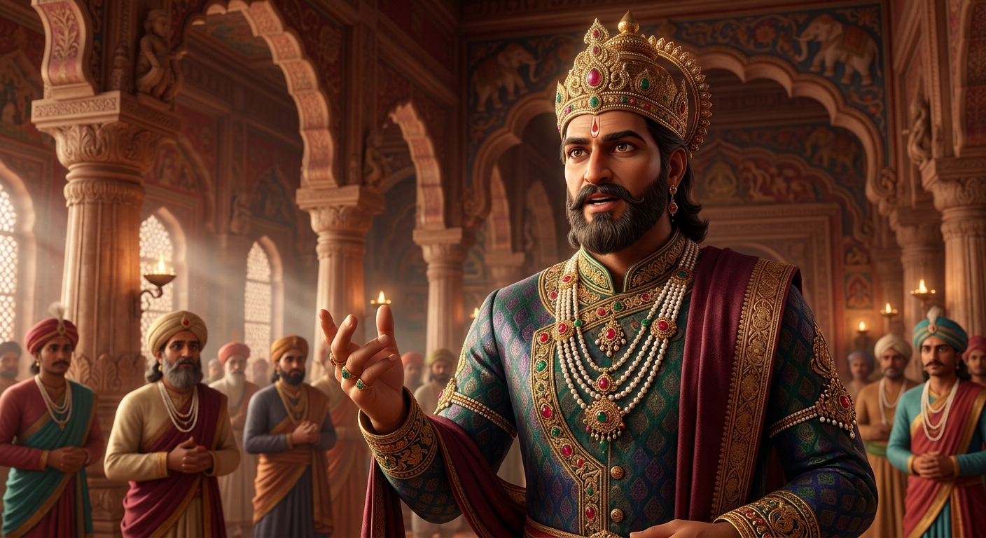 Heroic majestic close-up of Emperor Vikramaditya delivering his brilliant psychological and philosophical judgment with supreme clarity.