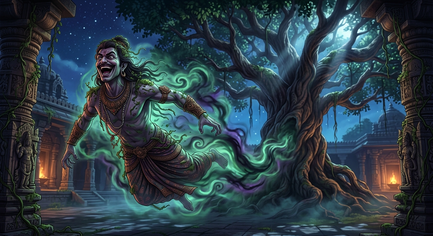 Dynamic wide shot: Betal bursting into an echoing cackle, dissolving into a whirlwind of emerald mist and flying back to the Shinshapa tree.