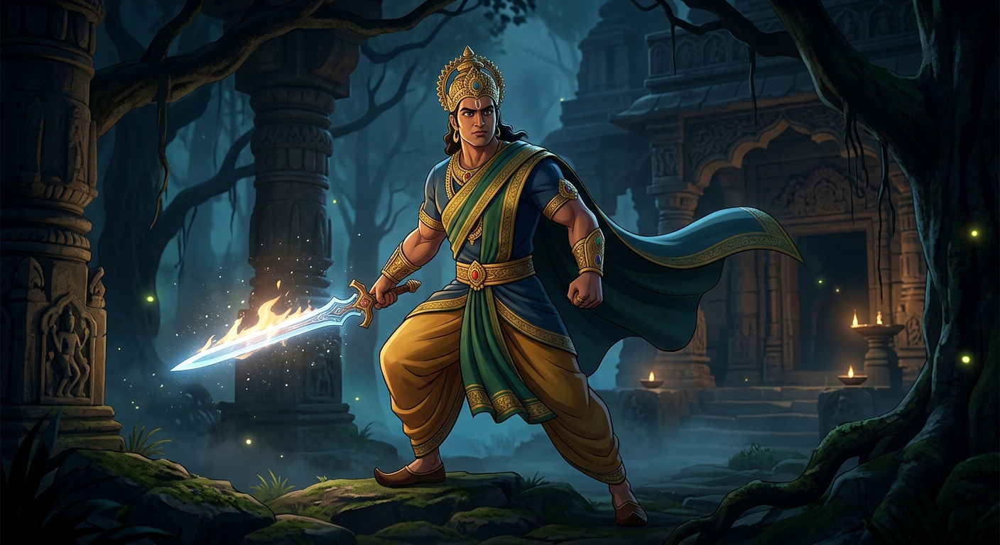 Heroic full shot of King Vikramaditya drawing his shining sword, standing fearless in the pitch-dark Amavasya night, striding back to recapture Betal.