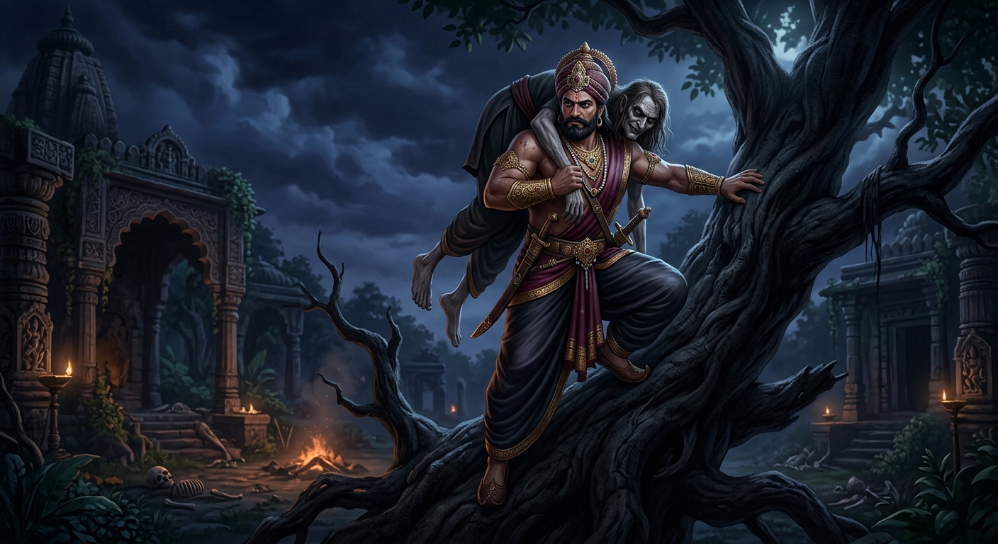 King Vikramaditya climbing down from the ancient Shinshapa tree with the corpse Betal secured upon his broad royal shoulder in the moonless cremation ground under a brooding indigo sky, moody atmospheric lighting.