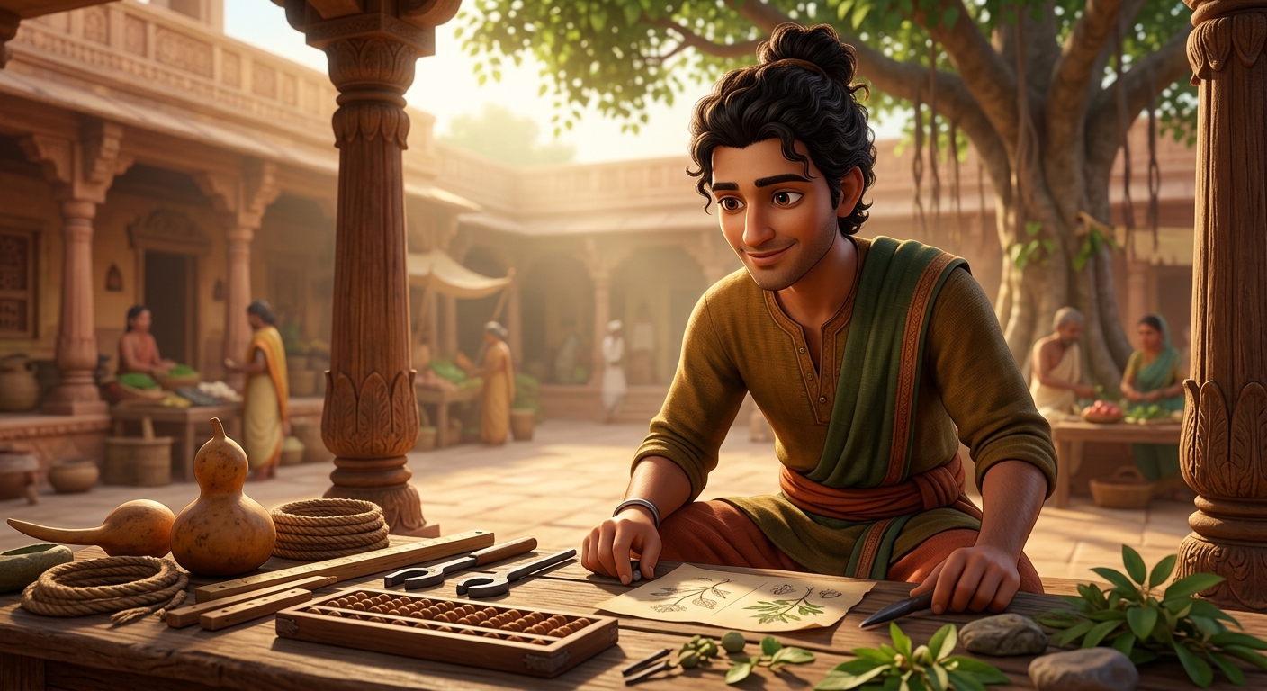 Close-up of the fourth youth, Subuddhi, dressed simply with a calm, intelligent smile, examining nature and practical tools with keen common sense.