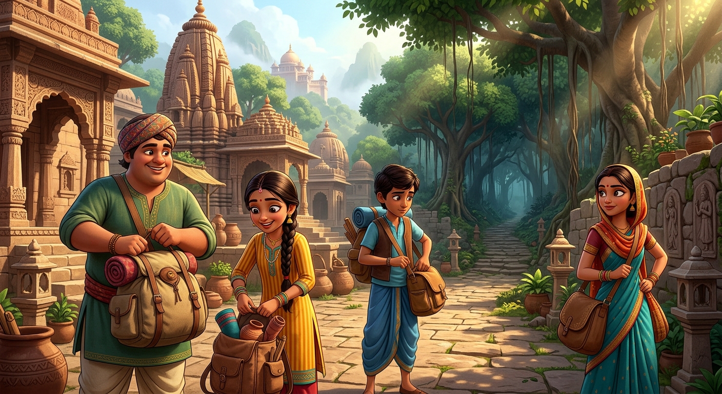 The four friends packing their satchels and setting out on a stone trail leading into a dense ancient forest toward the imperial capital to seek royal fortune.