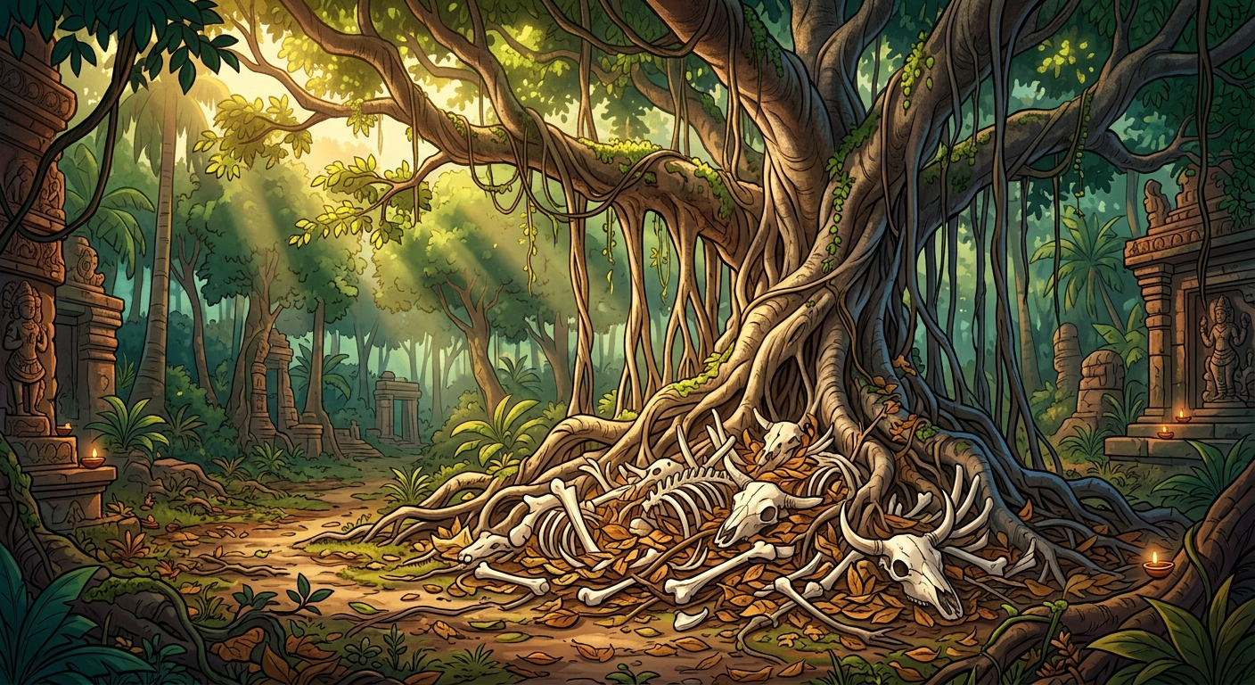 A scattered heap of dry, bleached white animal bones lying under a giant banyan tree in the jungle clearing, covered in fallen dry leaves.