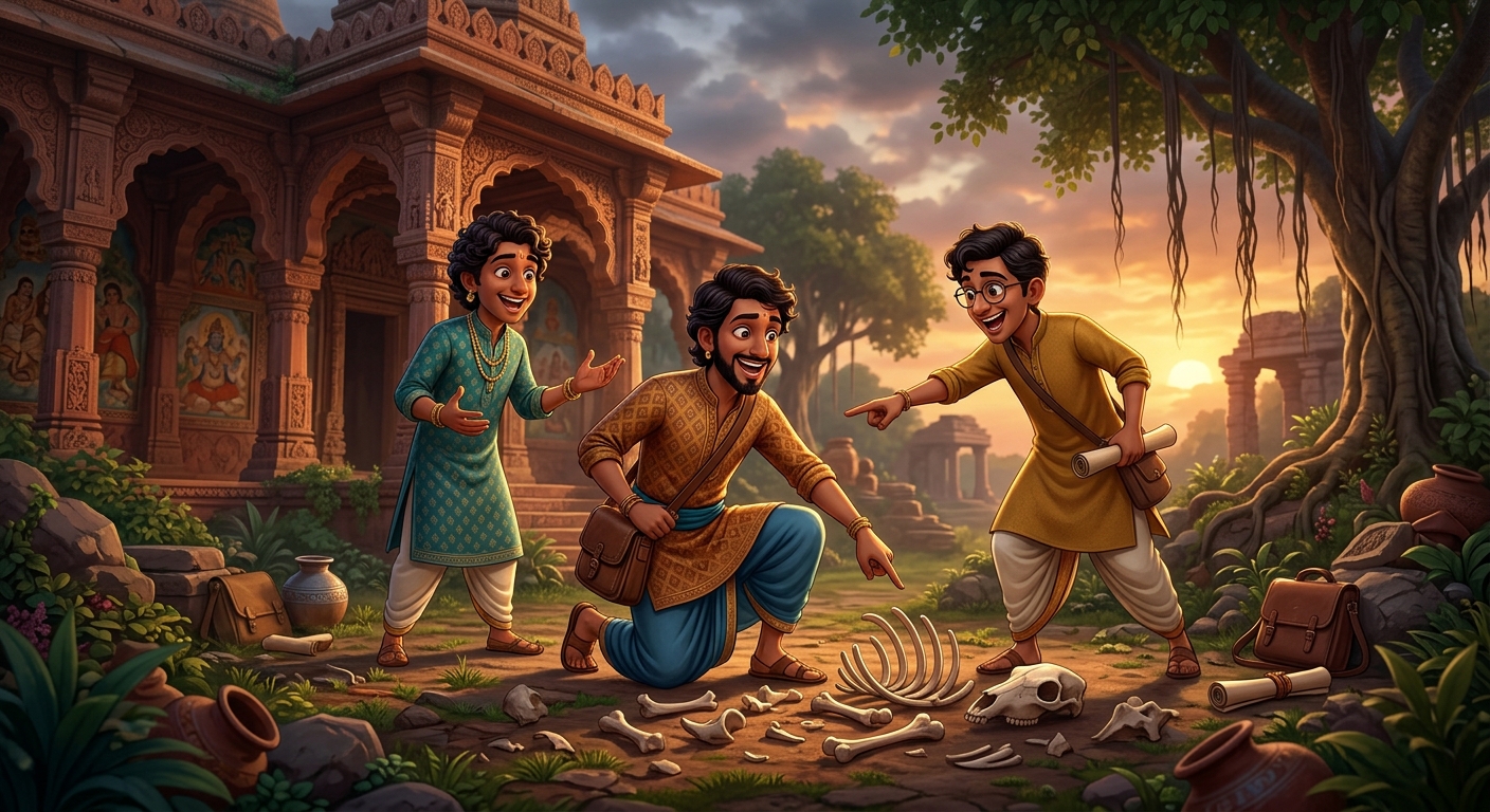 The three scholar friends pointing enthusiastically at the bones, their faces beaming with intellectual pride and ambition to show off their powers.