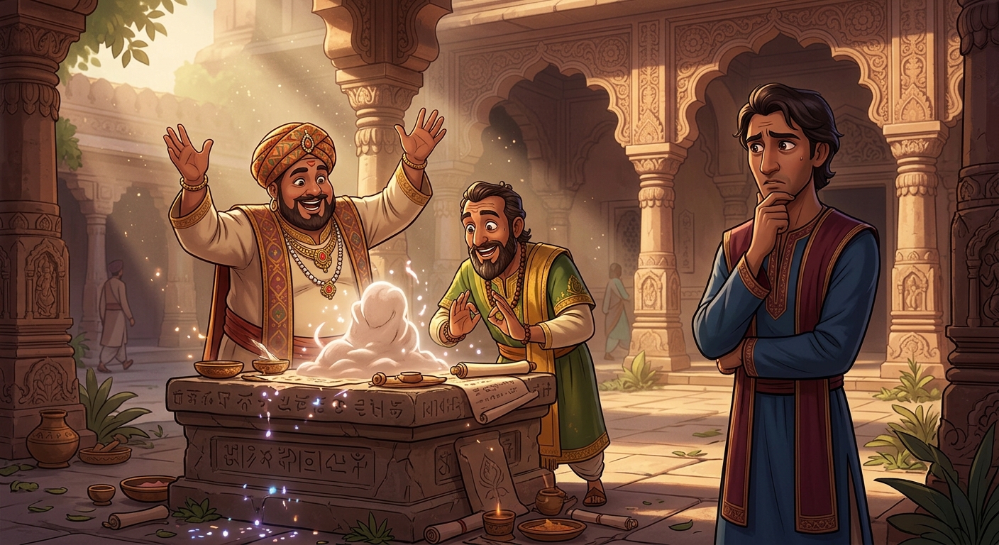 The second and third scholars cheering in agreement, preparing to cast flesh and life mantras, while Subuddhi looks on with growing apprehension.