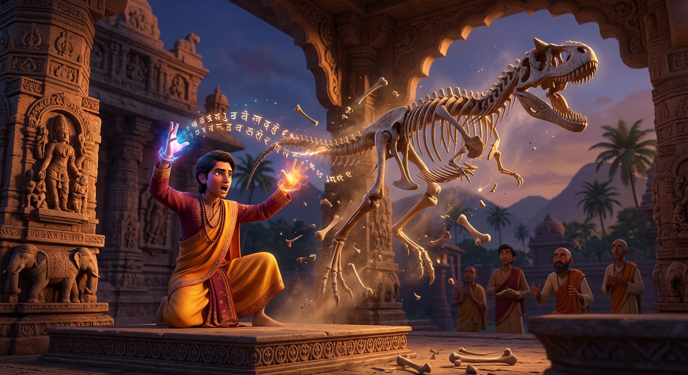 The first scholar chanting a Sanskrit incantation with glowing hand gestures: The scattered bones fly into the air, perfectly clicking together into a giant predator skeleton.