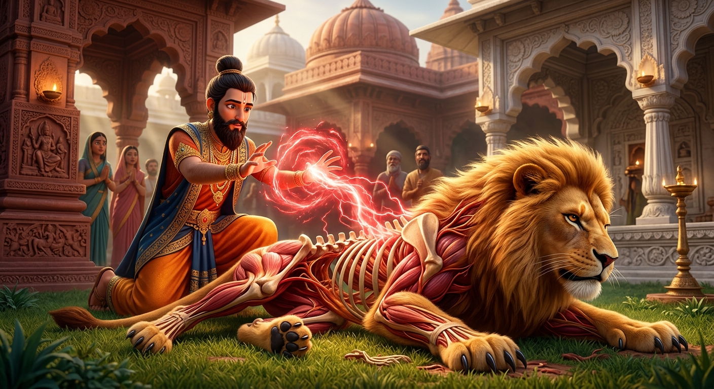 The second scholar casting a glowing red spell: Muscles, sinews, arteries, golden fur, and sharp black claws materialize over the skeleton, forming a massive, lifelike royal lion lying on the grass.