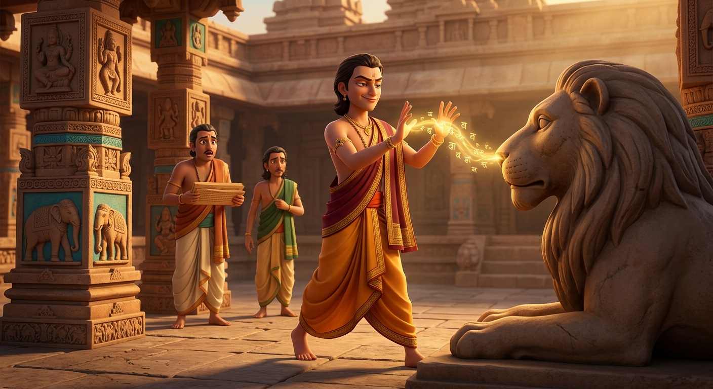 The third scholar stepping forward with an arrogant smirk, raising his glowing palms to chant the Sanjivani life-infusing mantra into the lion's nostrils.
