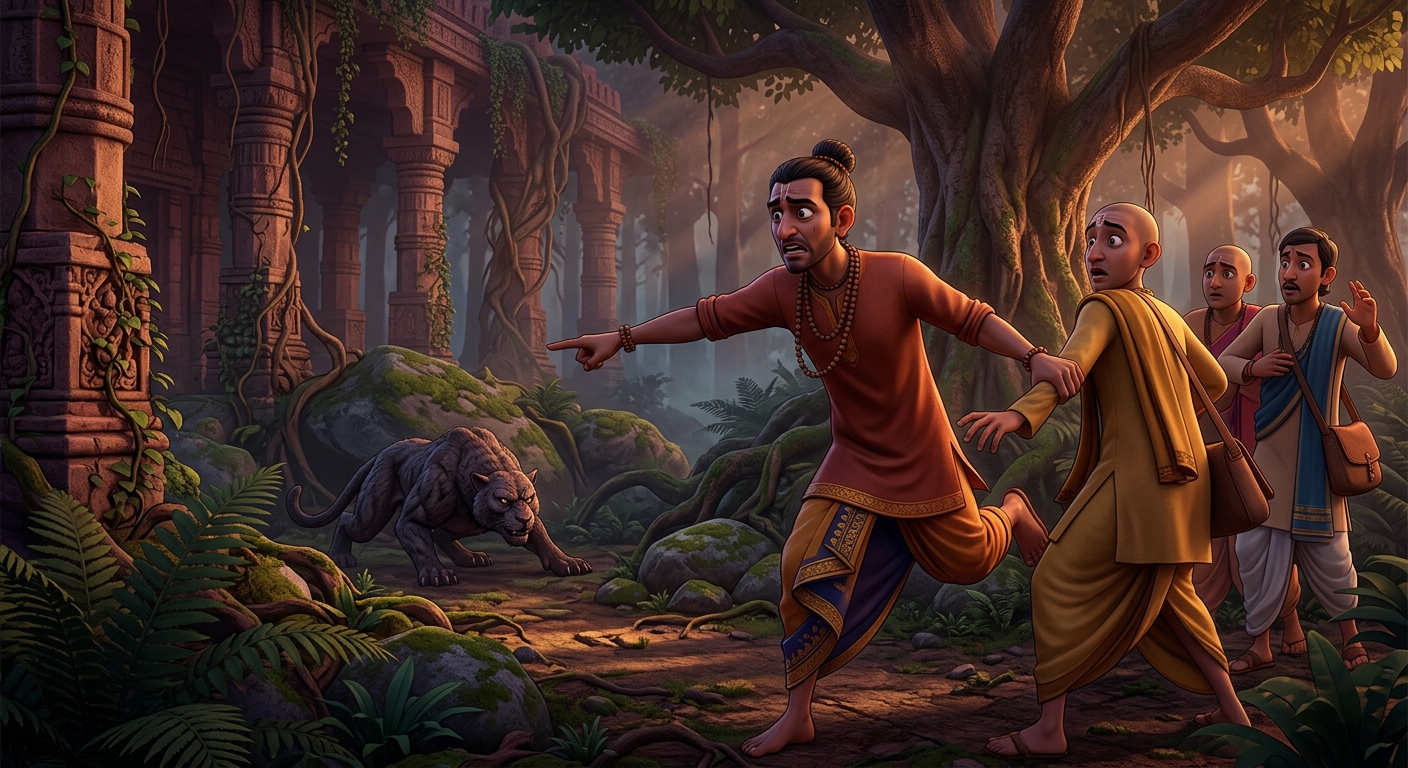 Subuddhi lunging forward, grabbing the third scholar's arm with frantic urgency, pointing at the monstrous predator on the forest floor.