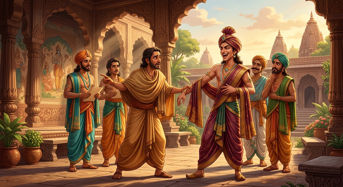 The third scholar angrily shaking off Subuddhi's hand with arrogant contempt, laughing at his common-sense warning.