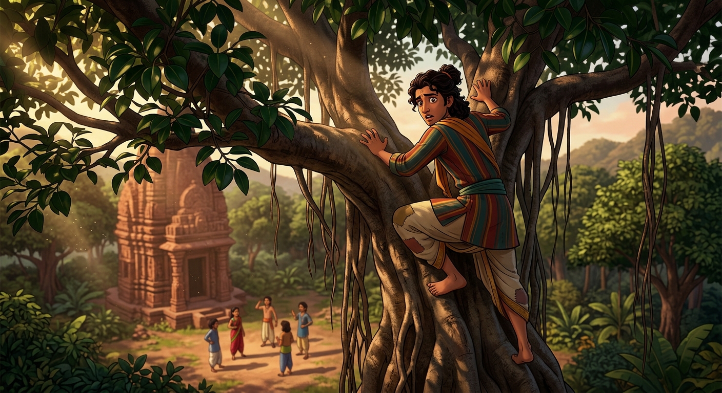 Subuddhi quickly scrambling up the sturdy trunk and thick high branches of a massive banyan tree, looking down at his doomed friends.