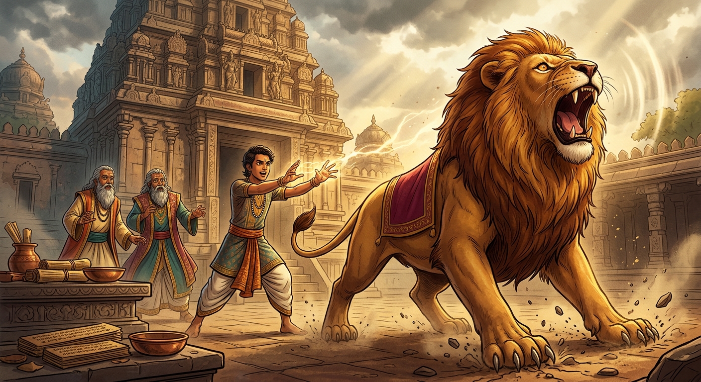 The third scholar finishing the spell: The giant lion's amber eyes snap open, claws extend into the soil, its chest heaves, and it lets out a bloodcurdling, deafening roar.