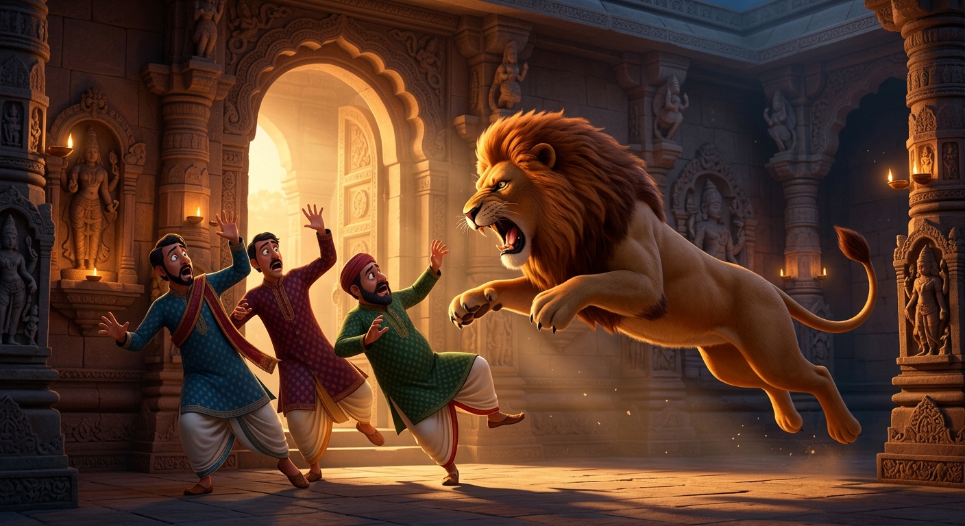 The ferocious revived lion pouncing with savage fury onto the three screaming, terrified scholars, instantly mauling them beneath its massive claws.