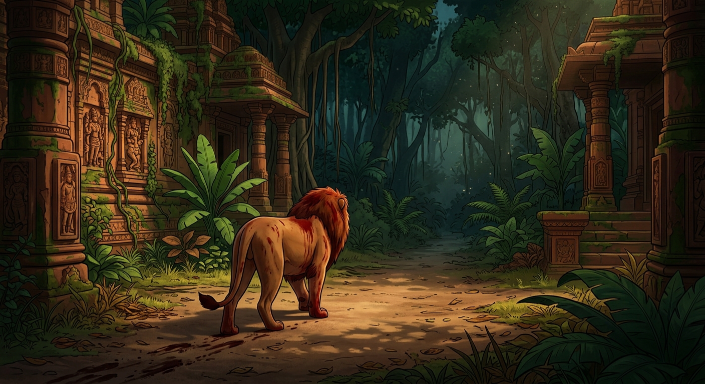The blood-drenched lion slowly walking away into the deep jungle shadows, leaving the clearing silent.