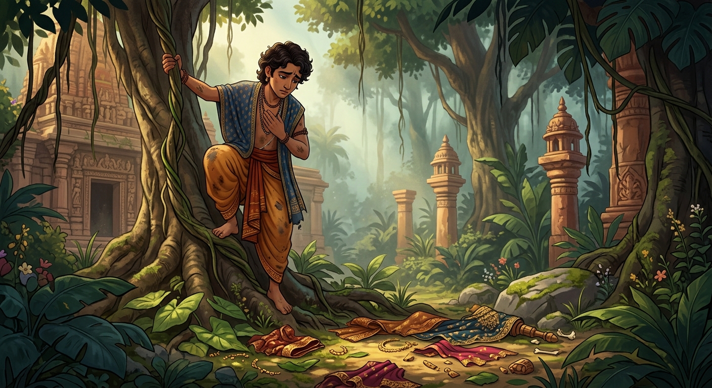 Subuddhi safely climbing down the tree, looking sadly at the torn garments and remains of his proud friends, hands folded in mourning.