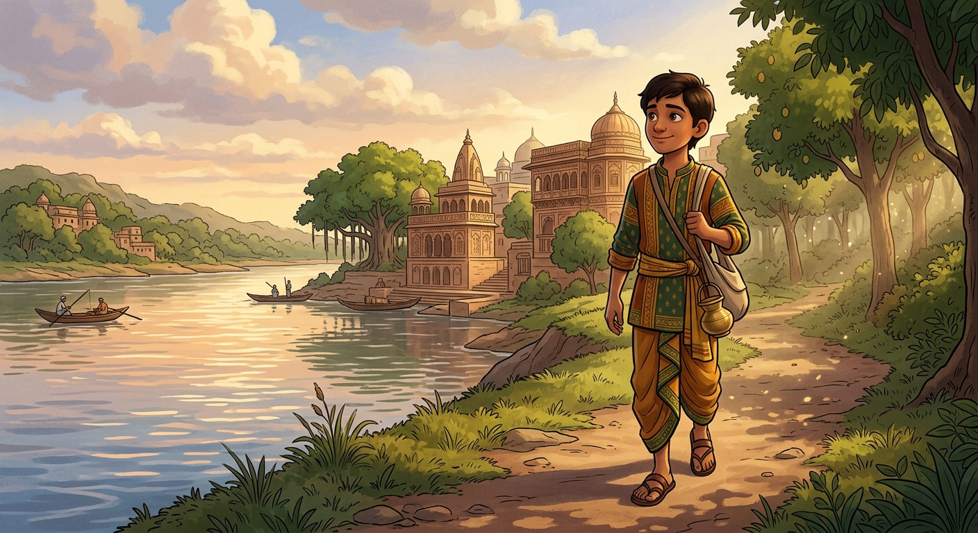 Subuddhi walking peacefully along the riverbank trail returning to his native town, healthy and alive through the grace of common sense.
