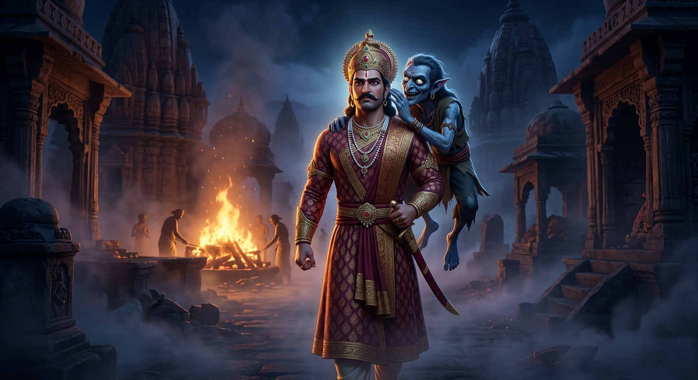 Atmospheric shot in the Mahashmashan of Ujjain: Betal perched upon Vikramaditya's shoulder in the misty darkness, whispering the moral enigma into the King's ear.
