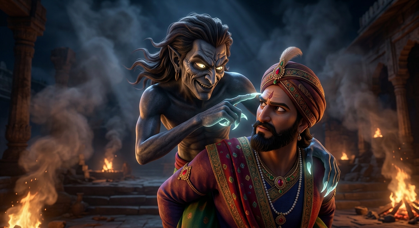 Medium close-up of Betal pointing a glowing claw at Vikramaditya's brow amidst cremation smoke, demanding the verdict under penalty of death.