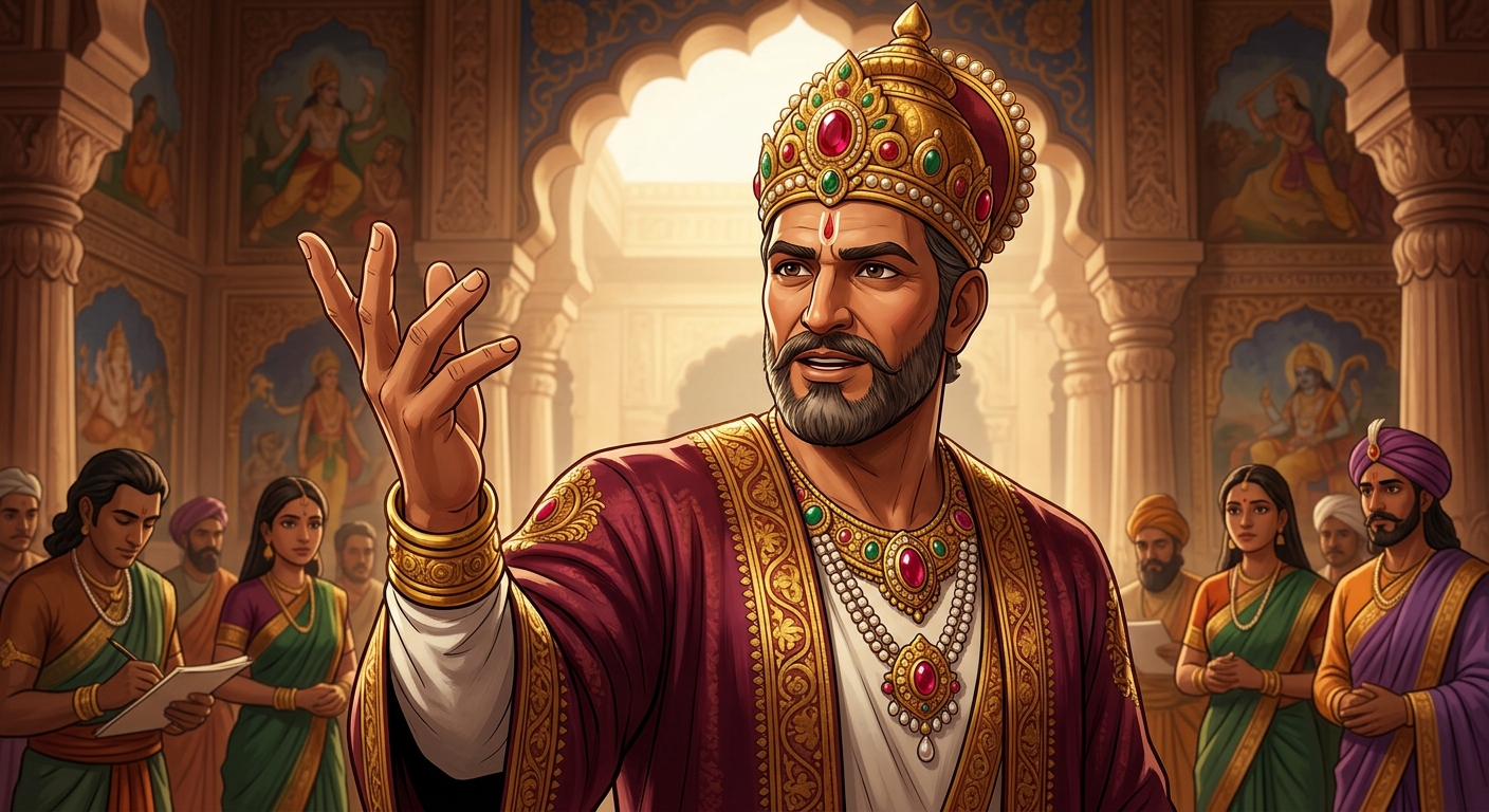 Heroic majestic close-up of Emperor Vikramaditya delivering his brilliant Dharmic verdict with supreme philosophical authority.