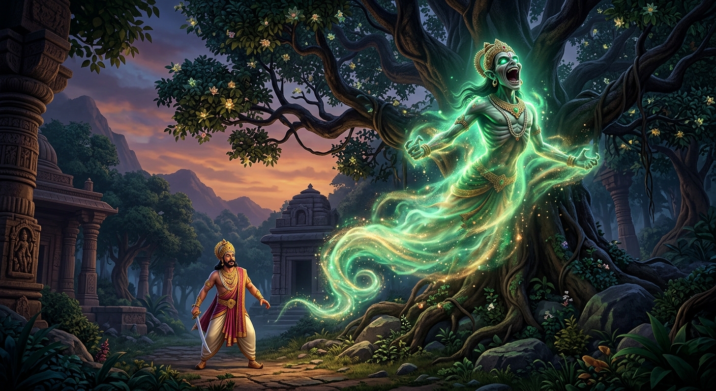 Dynamic wide shot: Betal bursting into an echoing cackle, dissolving into a whirlwind of emerald mist and flying back into the upper branches of the Shinshapa tree.