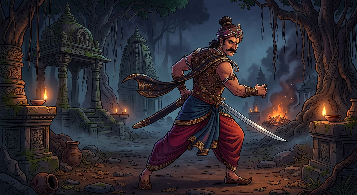 Heroic silhouette of Emperor Vikramaditya in the pitch-dark Amavasya midnight cremation ground, unsheathing his sharp steel sword, turning back with tireless resolve to capture Betal again.