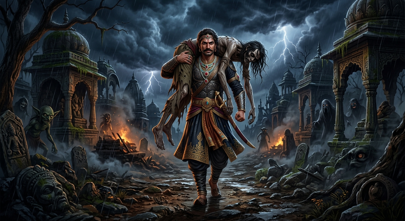 King Vikramaditya carrying the corpse of Betal across the haunted cremation ground under a tempestuous night sky