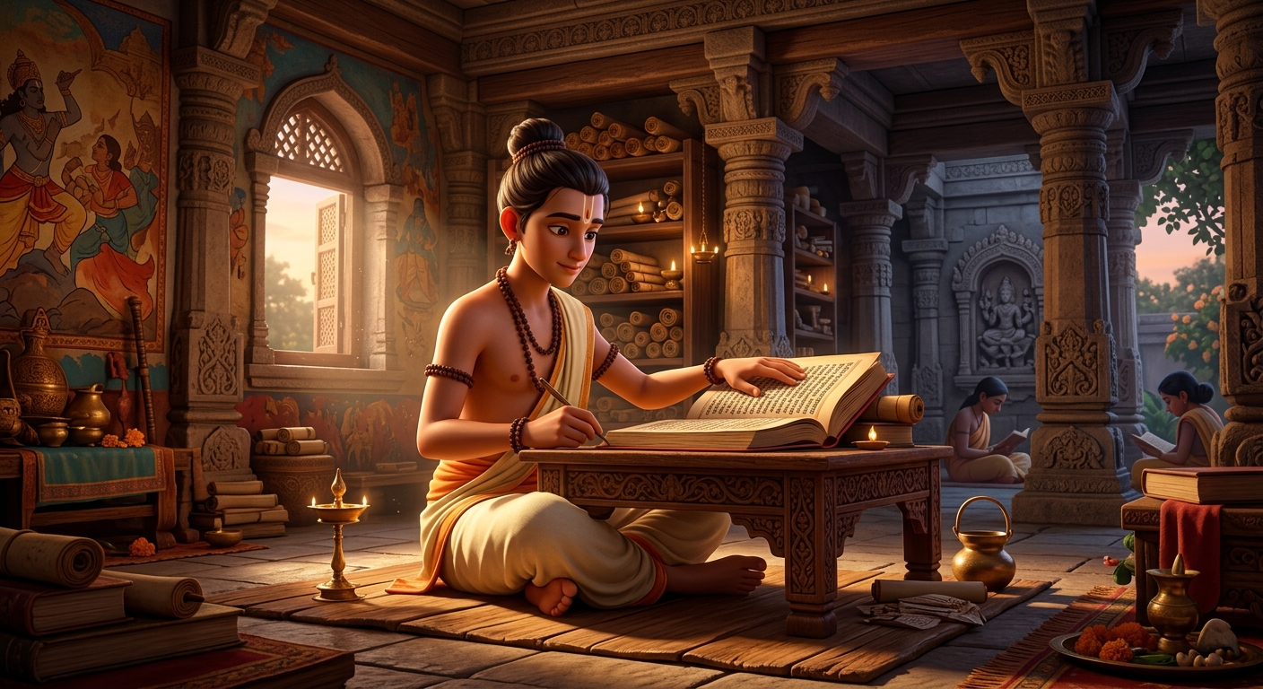Young Brahman youth Jivadhara in a hermitage study, calm, virtuous, and dedicated to truth