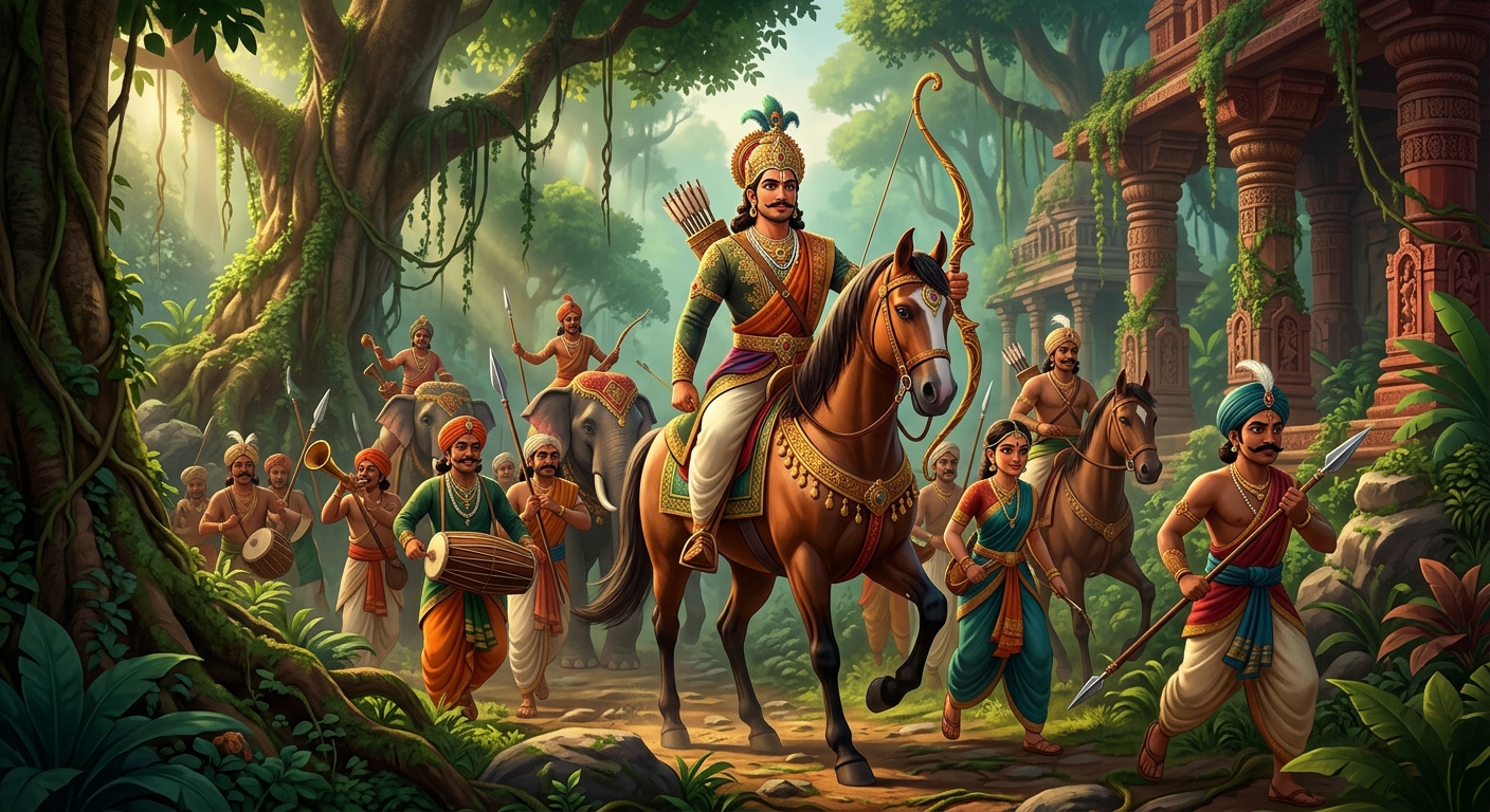 King Chandraprabha leading his royal hunting retinue through the lush ancient forest