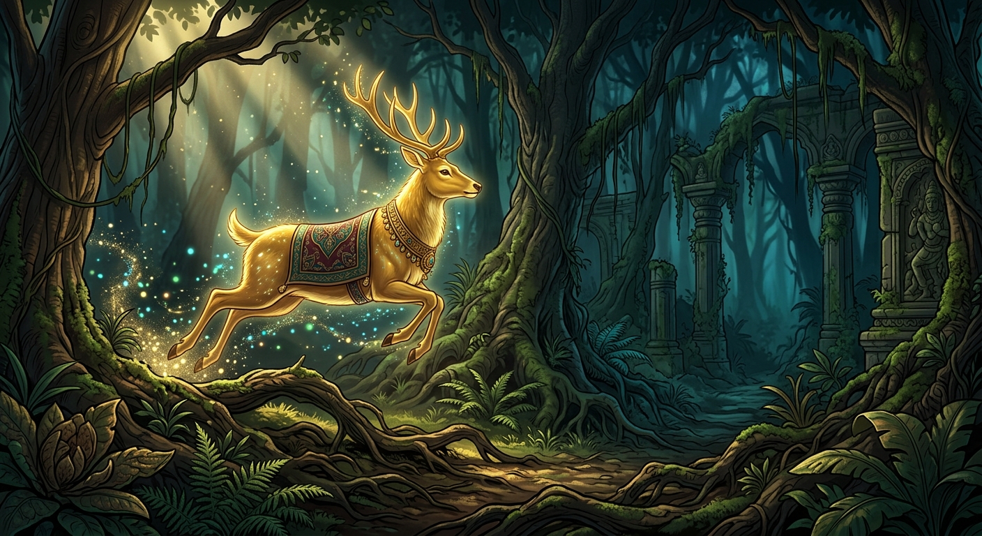 A mystical golden stag leaping into the dark shrouded thicket of the forbidden forest