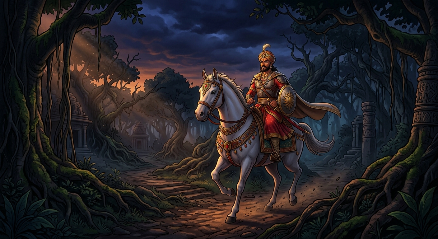 King Chandraprabha riding into a sinister, gnarled ancient grove as darkness falls swiftly