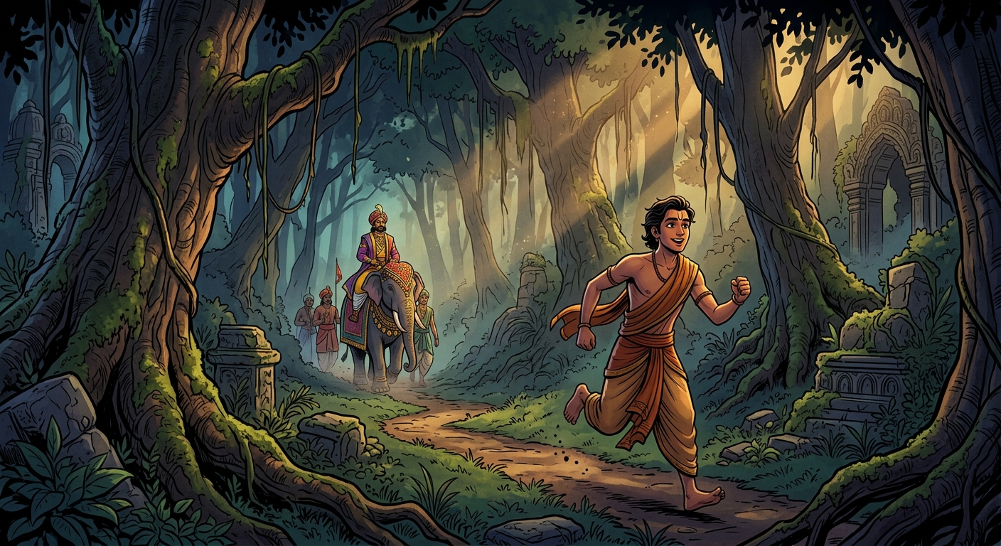Jivadhara catching up through the shadowy forest to accompany his beloved King