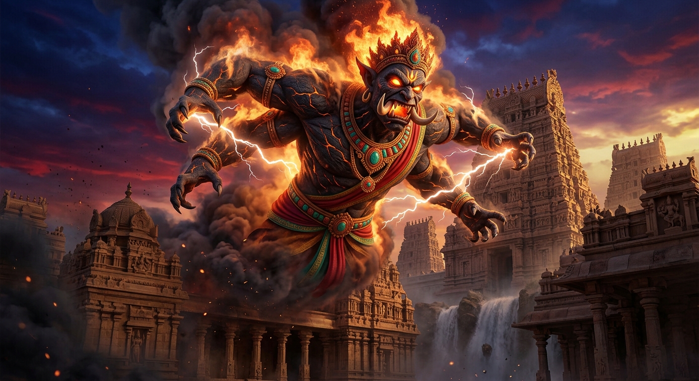 The colossal Brahma-Rakshasa Jvalamukha manifesting amidst smoke, flame, and crackling lightning